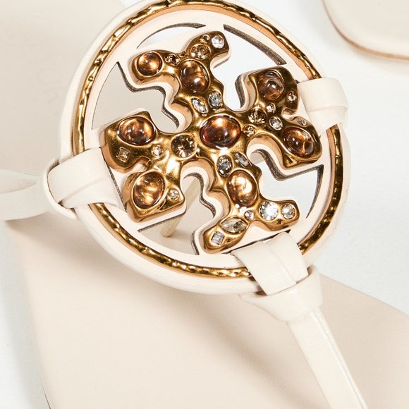 Tory Burch NIB Miller Jeweled Leather Thong Sandals Brie Cream Beige - Picture 6 of 15